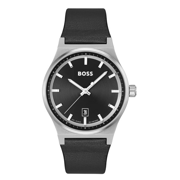 MONTRE À CADRAN NOIR AVEC BRACELET EN CUIR 58129468